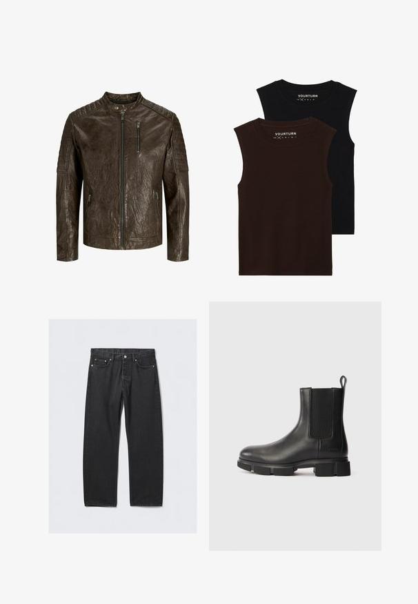 Pruun nahkjakk, millel on püstitatav kaelus, tekstuuriga viimistlus, tõmblukuga esikülg ja taskud, ning tikkimisega õlavarre detailid.; Kaks ilma varrukat ribakujulist tanki peenikestes tumepunastes ja mustades toonides. Omavad ümarat kaelust ja pehmet, tekstuuri omavat kangast.; Mustmustest tumedega mustad teksad, sirgete jalgade lõikega, nuppudega haakimisega, viis taskut ja vasktooniga detailid. Sile tekstuur.; Musthave nahkaste Chelsea saapad paksu taldaga, elastse külgpaneeliga, taga tõmblukku ja brändi nimi reljeefselt kandmisel.