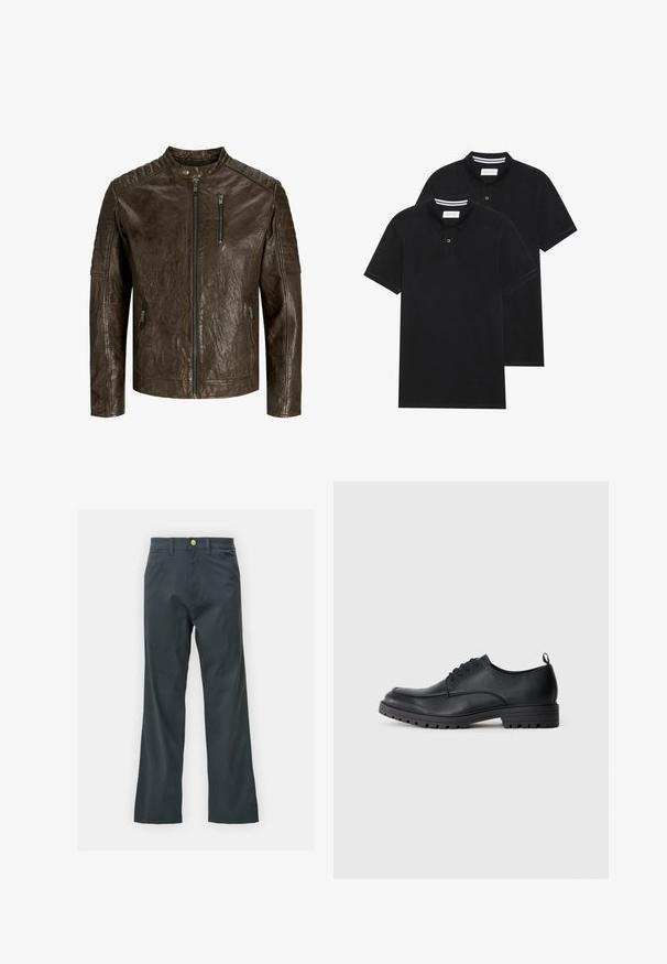 Barna bőrkabát álló gallérral, texturált felülettel, cipzáras elejével és zsebeivel, valamint steppelt vállrészével.; Két fekete pólóing, rövid ujjú, pamut anyagból készült, klasszikus gallérral, két gombos gombolással, és fehér csíkos díszítéssel a gallér belső részén.; Fekete nadrág egyenes szárú fazonban, pamut keverék anyagból készült. Fém gombos záródással és oldalsó zsebekkel rendelkezik. Nincs látható mintázat.; Fekete bőr öltönycipő sima felülettel, lekerekített orral, fűzős elemmel és strapabíró gumitalppal, amely barázdált mintázattal rendelkezik.