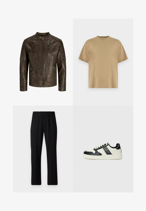 Braune Lederjacke mit Stehkragen, strukturiertem Finish, Reißverschluss vorne und Taschen sowie steppierten Schultern.; Khakifarbenes T-Shirt mit kurzen Ärmeln aus weichem Stoff, mit einem Rundhalsausschnitt und einer lockeren Passform. Keine Muster oder Grafiken sichtbar.; Schwarze, Gummibund-Hosen mit geradem Schnitt, die eine glatte Textur aufweisen und keine sichtbaren Muster oder Beschläge haben.; Leder-Sneaker in Schwarz- und Cremetönen, mit perforierten Akzenten, einem gepolsterten Kragen und einer strukturierten Laufsohle.