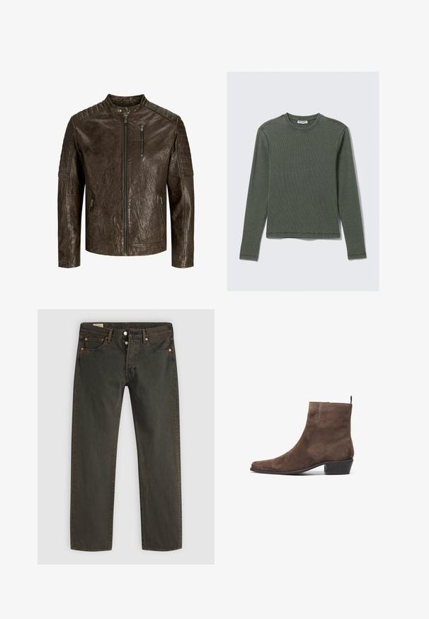 Brūna ādas jaka ar augstu apkakli, teksturētu virsmas apdari, ar rāvējslēdzēju priekšpusē un kabatām, un dūnu plecu detaļām.; Tumši zaļš, garu piedurkņu ribota blūze ar apaļu izgriezumu un taisnu apakšmalu. Izgatavota no mīkstas auduma, ar minimālām šuvēm un bez redzamām rakstu detaļām.; Tumši zaļi džinsi, kas izgatavoti no denima, ar taisna griezuma dizainu, piecām kabatām, vara toni aksesuāriem un smalku mazgāšanas rakstu.; Brūns zamšādas potītes zābaks ar vērstām pirkstgalēm, zemu bloku papēdi un cilpu aizmugurē ērtai uzvilkšanai. Gluda tekstūra un vienkāršs dizains.