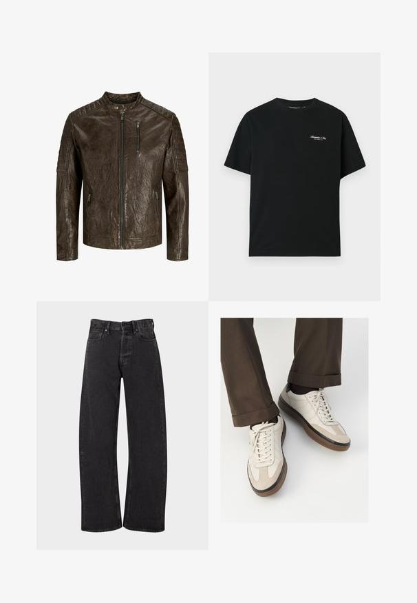Hnědá kožená bunda s vysokým límcem, strukturovaným povrchem, zipem vpředu a kapsami, a prošívanými detaily na ramenou.; Černé bavlněné tričko s krátkými rukávy, kulatým výstřihem a malým bílým textovým logem na levé straně hrudi. Hladká textura, uvolněný střih.; Černé džínové kalhoty s volným, širokým střihem. Mají vysoký pas, pět kapes a klasické zapínání na knoflík a zip.; Béžové tenisky s texturovanou semišovou špičkou, hladkými koženými boky a hnědou gumovou podrážkou. Na šněrování a lehkém prošití je detail.