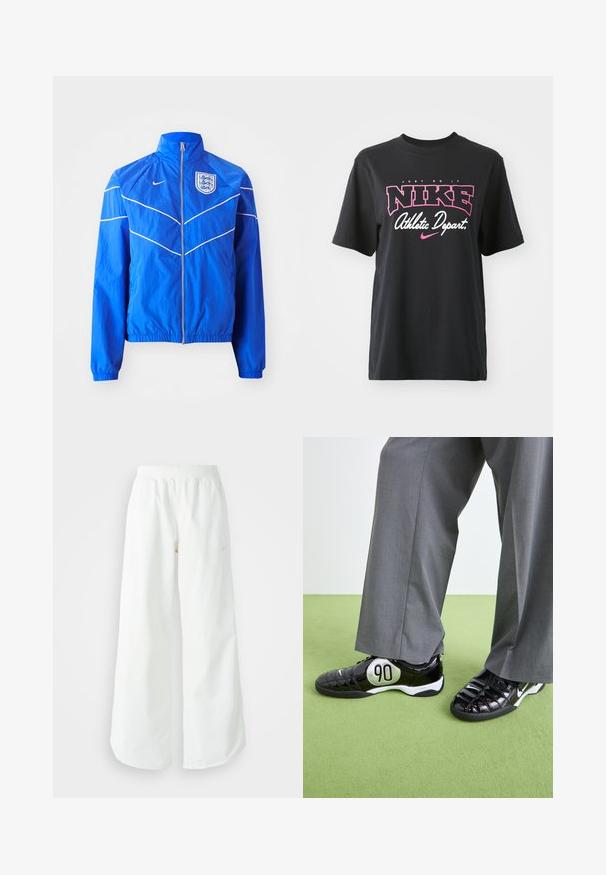 Sinine nailonist jakk kõrge kraega, tõmblukuga esiküljel, elastsete mansettide ja vöökohta; sisaldab valgeid detaile ja Inglismaa vappi rinnal.; Must musta T-särk musta värviga, millel on roosa ja valge graafiline print tekstiga "JUST DO IT", "NIKE" ja "Athletic Depart." Tavaline lõige.; Valged laiad spordipüksid, ribadega vöökoht ja diskreetne logosümbol. Sile kangas, lõdvestatud istuvus ja kitsenev ääreosa.; Mustad nahast mustad spordijalatsid hõbedase "90" detailiga, millel on tekstuuriga pind ja seotud disain, mille juurde on sobitatud hallid laiad püksid.
