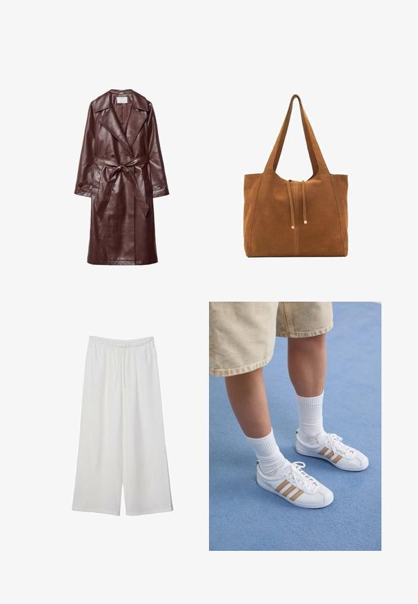 Burgundska trench jakna od umjetne kože sa širokim revereom, dvostrukim gumbima, pojasom u struku i džepovima s preklopom na bijeloj pozadini.; Bijela majica kratkih rukava od pamuka. Ima okrugli izrez i opušteni kroj. Glatka tekstura bez vidljivih uzoraka ili naglasaka.; Bijele hlače širokog kroja izrađene od lagane tkanine, s elastičnim pojasom i vezicom za prilagodljivu veličinu. Glatka tekstura.; Bijele tenisice s tri zlatne pruge, vezivanje na vezice, gumeni potplat, nosi se s rebrastim bijelim čarapama i bež kratkim hlačama na plavoj površini.; Smeđa antilop torba za ruke s dva duga remena, zatvaranje na vezicu i minimalistički dizajn. Glatka tekstura i bez vidljivih metalnih elemenata.