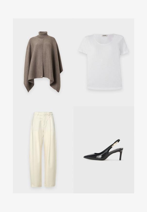 Poncho in maglina di lana marrone taupe con colletto alto a dolcevita e orlo asimmetrico, appeso su uno sfondo bianco.; T-shirt bianca a maniche corte realizzata in tessuto morbido, con scollatura rotonda e orlo dritto, senza motivi o accenti visibili.; Pantaloni a pieghe a vita alta in tessuto crema chiaro. Presentano un taglio dritto e una texture liscia. Nessuna tasca o hardware visibile.; Scarpa nera in pelle con tacco alto e cinturino alla caviglia, punta affusolata, superficie liscia e dettagli in metallo dorato.