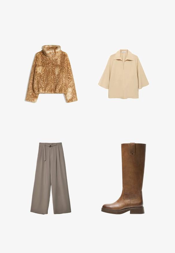 Hnědá umělá kožešinová bunda s vysokým límcem, s tečkovaným vzorem v světlých tónech. Zkrácený střih a mírně strukturovaný materiál.; Beige blůza vyrobená z lehkého materiálu, s širokým límcem, půl placketem a rukávy do loktů s volným střihem.; Kalhoty s širokými nohavicemi v měkké, tlumené šedé látce, s páskem v pase a sklady pro přidaný designový detail. Hladká textura, bez vzorů.; Hnědé kožené vysoké boty na kolena s kulatou špičkou, texturovaným povrchem a nízkým patem s podstavcem. Obsahují boční panel a poutko na horní části.