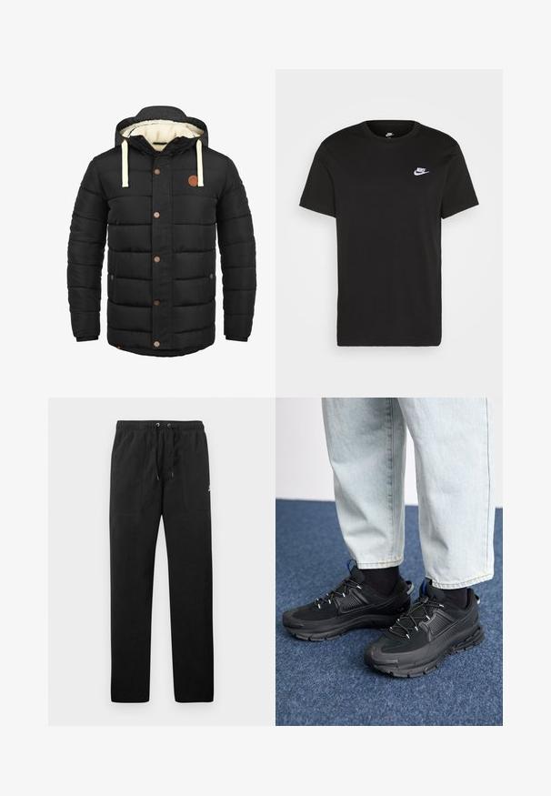 Crna puhovka s kapuljačom, s bež vrpcama za stezanje, smeđim metalnim detaljima i podstavom od flisa za dodatnu toplinu.; Crna pamučna majica s kratkim rukavima, okruglim izrezom i malim bijelim Nike logom na gornjoj lijevoj strani prsnog koša. Glatka tekstura. Klasičan kroj.; Crne trenirke od flisa, s elastičnim pojasom i vezicama, dva prednja džepa i mali logo na butini.; Crne atletske cipele s teksturiranom tkaninom i gumene potplate, s elastičnim vezicama i plavim akcentom na peti. Nosene su s svijetlim trapericama.