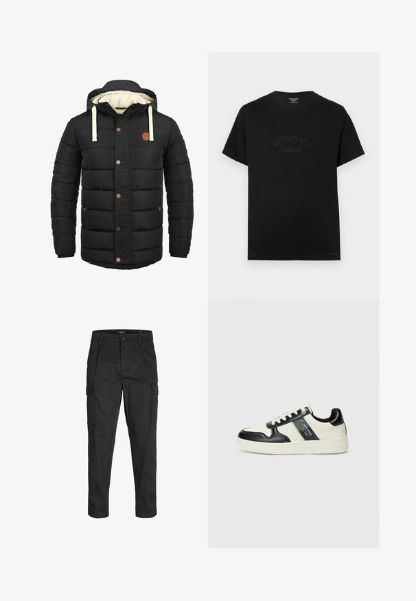 Doudoune noire avec capuche, cordons beige, éléments en métal marron, et doublure en polaire pour plus de chaleur.; T-shirt en coton noir à manches courtes et col rond. Présente "ORIGINALS Studio" embossé en lettres tonales sur le devant.; Pantalons cargo noirs en tissu résistant, dotés de plusieurs poches, d'une fermeture par bouton et d'une coupe slim avec des jambes fuselées.; Baskets en cuir avec un schéma de couleurs noir et crème, dotées d'accents perforés, d'un col rembourré et d'une semelle texturée.