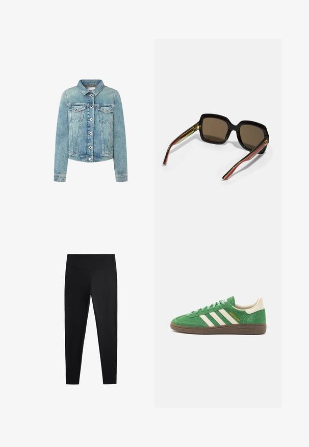 Svijetloplavi traper jakna s ovratnikom, dugmadi sprijeda i dva džepa na prsima. Ima kontrastne šavove i skraćeni kroj.; Dva majica bez rukava u crnoj i bijeloj boji, izrađene od rebrastog pamuka, s okruglim izrezima i prianjajućim dizajnom. Oznake su vidljive na obje.; Crne tajice izrađene od glatkog, rastezljivog materijala. Imaju široki pojas i suženi kroj nogavica, pogodne za aktivno ili ležerno nošenje.; Zeleni antilop tenisice s bijelim dizajnom od tri pruge, kremastim detaljima i smešnim teksturiranim đonom. "SPEZIAL" izvezen zlatnim koncem sa strane.; Crne velike sunčane naočale s smešnim staklima. Imaju jedinstvene prugaste krake u zelenoj i crvenoj boji, sa zlatnim hardverskim detaljima. Kvadratnog su oblika.