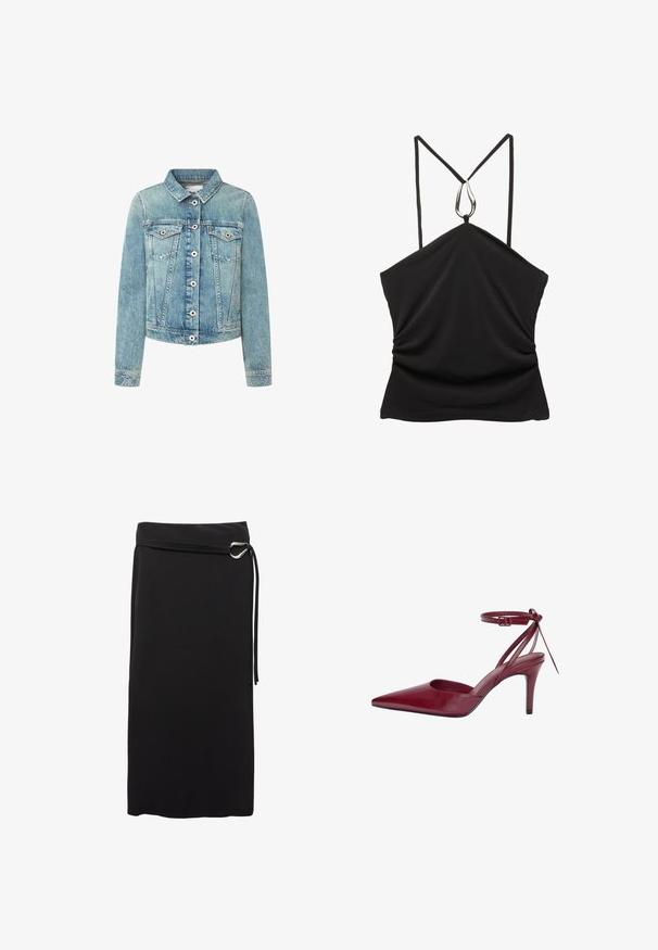 Svetlo modra denim jakna s ovratnikom, z gumbi na sprednji strani in dvema žepoma na prsih. Ima kontrastno šivanje in kratek kroj.; Črna brezrokavnica z V-izrezom in tankimi naramnicami, ki ima srebrno kapljično poudarjeno ob robu in gubano teksturo na sprednji strani.; Črna midi krilo iz gladkega materiala. Ima minimalistični dizajn, pas z kovinsko obrobo in visok pas.; Bordo usnjeni čevlji z visokim petam, z ostrim nosom, odprtimi stranmi in trakovi okoli gležnja. Imajo eleganten dizajn in gladko teksturo.