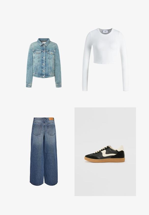 Svijetloplavi traper jakna s ovratnikom, dugmadi sprijeda i dva džepa na prsima. Ima kontrastne šavove i skraćeni kroj.; Bijela dugih rukava kratka majica od rebraste tkanine. Ima kružićasti izrez i prilagođen dizajn. Oznaka vidljiva unutra na vratu.; Široke traper culotte hlače u srednje plavoj boji s izblijedjelom teksturom, s dvije stražnje vrećice i smeškim kožnim oznakom branda na pojasu.; Crna nubuk i kožna tenisica s kremastim bočnim swooshom i svijetlom kremastom petom. Sadrži bež vezice i gumu na potplatu.