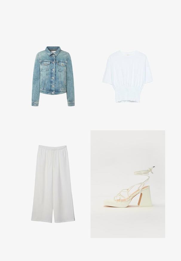 Vaaleansininen farkkutakki, jossa on kaulus, napitettava etuosa ja kaksi rintataskua. Sisältää kontrastivärisen ompeleen ja lyhyemmän leikkauksen.; Valkoinen lyhythihainen t-paita, jossa on rento leikkaus ja frillattu tekstuuri vyötäröllä. Valmistettu pehmeästä, kevyestä kankaasta.; Valkoiset leveälahkeiset housut, jotka on valmistettu kevyestä kankaasta. Niissä on joustava vyötärö ja nauha säädettävää istuvuutta varten. Sileä pinta.; Valkoinen korkokenkä, jossa on paksu korko, ja joka sisältää nauhakiinnityksen ja nilkkaketjun. Sujuva pinta, jossa on platform-etupohja lisäkorkeutta varten.