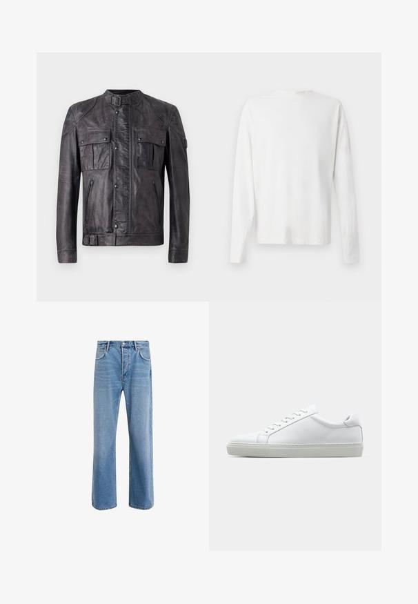 Tumedast hall nahkjope, sisekeelega krae, kaks rinna taskut klippidega, kaks lukuga taskut, pikad varrukad ja pandla detail allservas.; Pikad varrukad, valge puuvillane särk ümmarguse kaelusega, külgedel lõhikud all ja sile tekstuur, nähtav tagant.; Heledad sinine teksapüksid otse lõikega, viie taskuga, nupuga sulgemine, minimaalne kulumine ja kontrastsed õmbluse detailid.; Valge tennisetoss, millel on sile nahk pealis ja madal profiil. Omab ümarat ninaosa, kuut silmust ja tekstuuriga kummist talda.