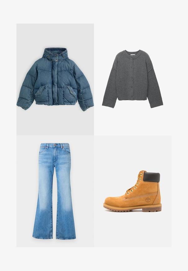 Jeanspuffjacka i blått, med huva, tryckknappsstängning och två framfickor med accentstickning och ett kviltat mönster.; Grå stickad kofta med rund halsringning, sänkta axlar, knappstängning och ribbade muddar vid ärmar och fåll.; Flanellskjorta med svart, brun och grön rutigt mönster, klassisk krage, knäppning, och två bröstfickor med lock.; Ljust blå utsvängda jeans med hög midja, tillverkade av denim. Har två framfickor och metallknappdetaljer. Tyg med blekt struktur.; Brun läderankelboot med svart vaddering, gyllene öglor och en texturerad sula. Har en cirkulär logotyp på sidan och sömnadsdetaljer.