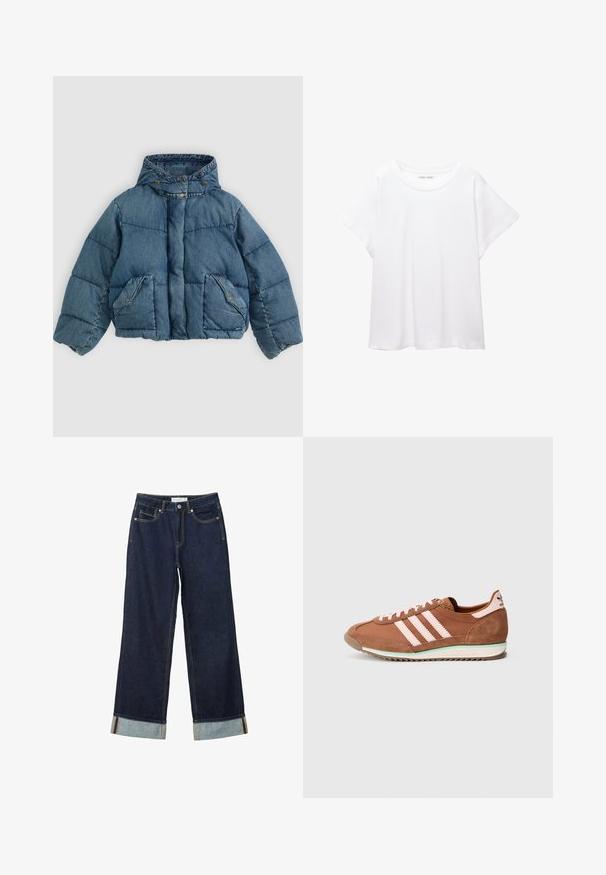 Sininen denim-puffatakki, jossa on huppu, nepparilukitus ja kaksi etutaskua, joissa on korostusommeltu sauma ja tikattu pinta.; Valkoinen T-paita, joka on valmistettu pehmeästä ja kevyestä kankaasta. Omistaa pyöreän kaula-aukon ja lyhyet, leveät hihat rentoa istuvuutta varten. Ei näkyviä kuvioita.; Tummansinisiä leveälahkeisia farkkuja, joissa on korkea vyötärö, käännetyt lahkeet, kontrastiväriset ompeleet ja viisi taskua. Valmistettu denim-kankaasta.; Ruskea ja vaaleanpunainen Adidas-tennari mokkanahkainen yksityiskohdin, kolme vaaleanpunaista raitaa sivulla ja valkoinen pohja, jossa vihreä tehoste.