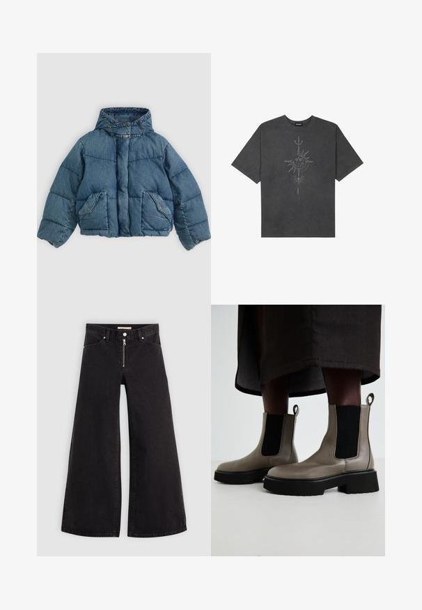 Denim puffer jacket in blue, featuring a hood, snap-button closure, and two front pockets with accent stitching and a quilted texture.; Dark gray oversized t-shirt made of cotton, featuring a central sun graphic with intricate line details printed on the front.; Wide-leg jeans in black denim with a zippered front, five-pocket design, and subtle stitching details. Smooth texture and casual style.; Gray ankle boots made of textured leather with elastic side panels and a chunky black sole. Features pull tabs for easy wear.