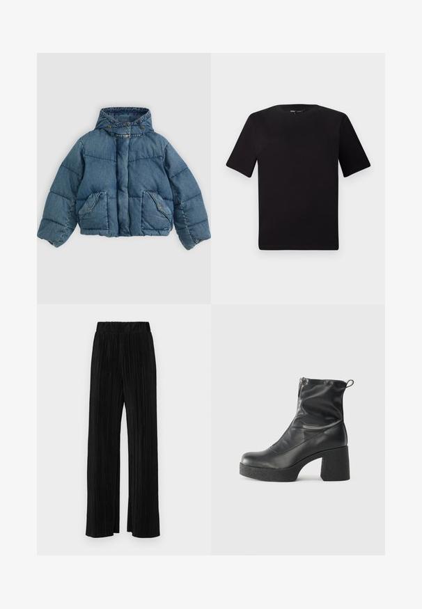 Denim puffer jacket in blue, featuring a hood, snap-button closure, and two front pockets with accent stitching and a quilted texture.; Black short-sleeve t-shirt with a round neckline, crafted from soft cotton fabric. Simple design, no visible logos or patterns.; Black pleated trousers with an elastic waistband. Features wide legs and a smooth, textured fabric with vertical stripes.; Black ankle boots made of smooth leather, featuring a side zipper, chunky textured heel, and rounded toe design.
