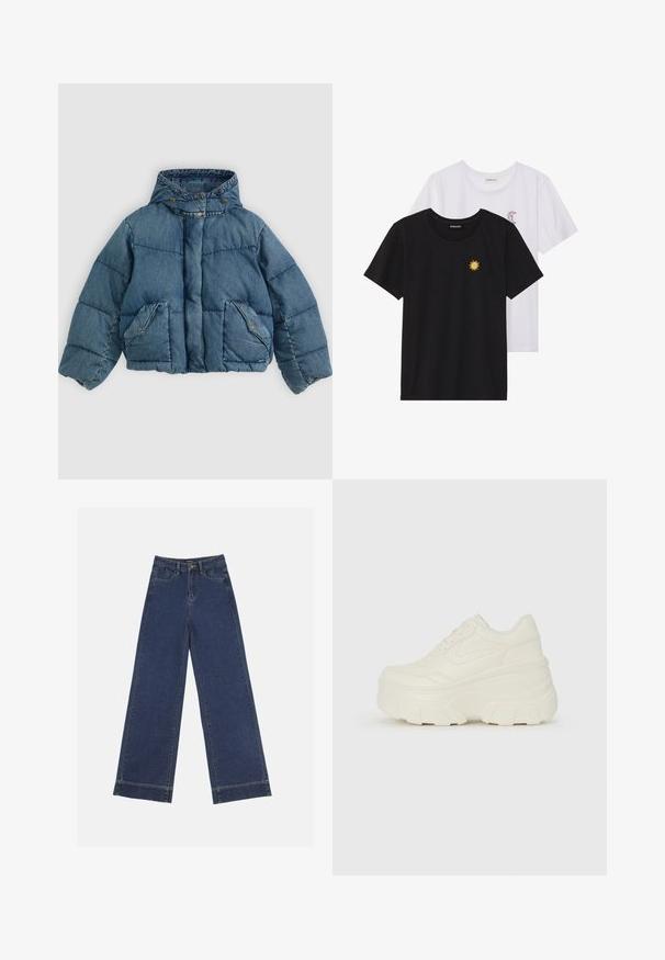 Denim puffer jacket in blue, featuring a hood, snap-button closure, and two front pockets with accent stitching and a quilted texture.; Black and white T-shirts, round neck, short sleeves. Black shirt features yellow sun embroidery; white has purple crescent moon accent.; Wide-leg jeans in dark blue denim. Features five pockets, belt loops, and a raw hem at the bottom with visible stitching details.; White platform sneakers featuring a smooth leather-like upper, rounded shape, padded collar, and textured rubber sole with defined treads.