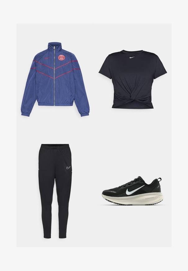 Marineblå vindjakke med røde detaljer, høj krave, lynlås foran og PSG-logo på venstre bryst. Elastiske manchetter og talje for en tætsiddende pasform.; Sort atletisk t-shirt lavet af glat stof, med et knyttet frontdesign og et lille hvidt Nike-logo på brystet.; Sorte atletiske bukser lavet af letvægtsstof, med elastisk talje, tætsiddende design og et hvidt Nike-logo på låret.; Sort Nike løbesko med åndbart mesh-overdel, hvidt swoosh-logo, tekstureret detaljering og en cremede ZoomX mellemsål.