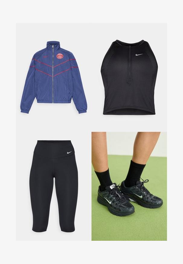 Navy windbreaker jacket with red accents, high collar, zip front, and PSG logo on the left chest. Elastic cuffs and waist for a snug fit.; Black athletic crop top with a zip-front, mesh accents, and a fitted design. Made from stretchy, breathable fabric. Nike logo on front.; Nike black capri leggings feature a high waistband, smooth stretch fabric, and subtle logo detail on the front.; Black Nike sneakers with mesh and synthetic overlays, featuring reflective accents, a cushioned sole, and black ribbed socks.