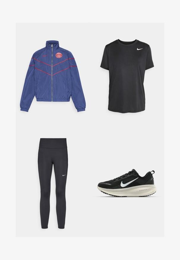 Marine vindjakke med røde detaljer, høy krage, glidelås foran og PSG-logo på venstre bryst. Elastiske mansjetter og midje for en tettsittende passform.; Svart kortermet idretts T-skjorte laget av glatt, lett stoff, med en liten hvit Nike-logo på øvre venstre side.; Sorte leggings laget av elastisk stoff, med høy livlinje og en hvit Nike-logo på venstre lår. Glatt tekstur, kroppsnær passform.; Svart Nike løpesko med pustende mesh-overdel, hvit swoosh-logo, teksturert detaljer og en kremfarget ZoomX mellomsåle.