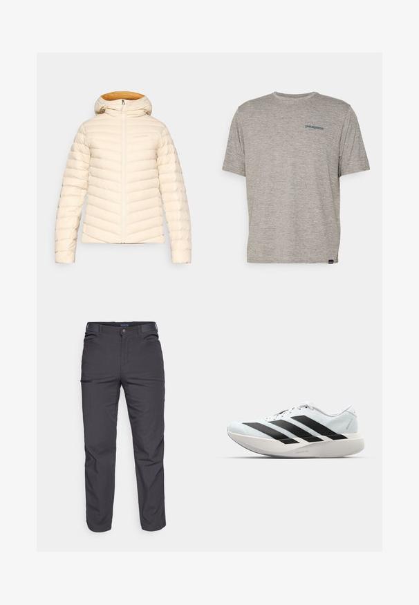 Giacca imbottita in crema chiaro con un motivo a rombi, cappuccio e chiusura con zip. L'interno presenta una fodera arancione caldo a contrasto.; T-shirt grigio a maniche corte realizzato in un morbido tessuto di texture, con un piccolo logo blu di Patagonia sul lato sinistro del petto. Senza ulteriori fantasie.; Pantaloni grigi scuri realizzati in tessuto resistente, dotati di tasca con zip, taglio dritto e passanti per cintura per una vestibilità regolabile.; Scarpe da corsa leggere di colore azzurro pallido con strisce nere. Presentano una tomaia liscia, punta rotonda e un'ampia intersuola bianca etichettata "LIGHTSTRIKE PRO."