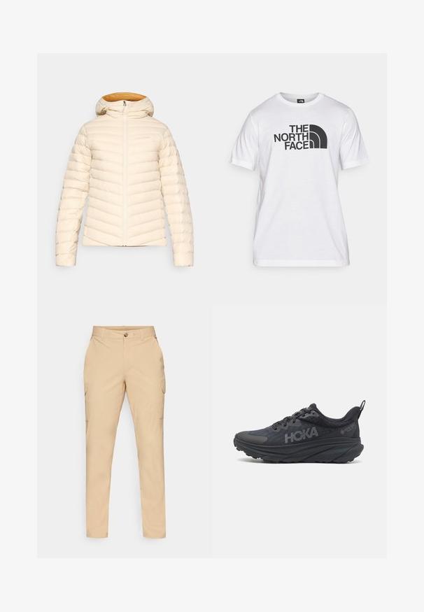 Puffer jacket in light cream with a chevron quilted pattern, hood, and zip closure. Interior features a contrasting warm orange lining.; White cotton t-shirt featuring a black graphic print with text and a curved logo design. Round neckline and short sleeves. Plain texture.; Beige cargo pants featuring a button closure, slim fit, side pockets, and a smooth cotton blend fabric. No visible patterns or accents.; Black Hoka running shoe featuring a mesh upper, textured details, and a thick, cushioned sole with tapered edges for enhanced support.