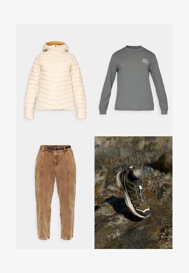 Puff jakas gaišā krēmkrāsā ar ķīļveida quiltēto rakstu, kapuci un rāvējslēdzēja aizdari. Iekšpusei ir kontrastējoša silta oranža oderes krāsa.; Garā piedurkne krekls pelēkā audumā ar apaļu kaklu un baltu grafisko logotipu kreisajā krūtī. Gluda tekstūra un vienkāršs dizains.; Brūni akordeona auduma bikses ar teksturētu virsmu, pievienotu melnu regulējamu jostu, sānu kabatām un brīvu piegriezumu. Bikses sašaurinās virzienā uz potītēm.; Tūrisma apavi olīvzaļā un melnā krāsā ar rozā akcentiem. Iespējas ietver teksturētu virsu, elastīgu zoli, pastiprinātu purngalu un krāsainu šņorējuma sistēmu.