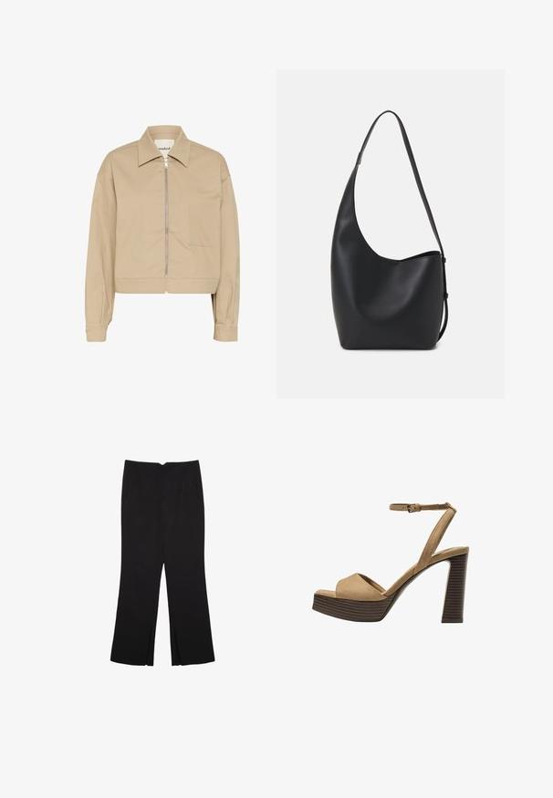 Beige cropped jack met een ritssluiting aan de voorkant, puntige kraag en een enkele zak op de linkerzijde. Gemaakt van gladde stof.; Crème-kleurig T-shirt met korte mouwen, gemaakt van zachte stof. Bevat een klassieke ronde halslijn en een relaxed fit, zonder opvallende patronen of accenten.; Zwarte broek met een rechte pasvorm, voorzien van zijzakken en plooien aan de onderzijde. Gemaakt van zachte, gladde stof. Geschikt voor verschillende gelegenheden.; Beige suède hoge hakken sandalen met een brede voorband en enkelband, met een dikke houten blokhak met een gestructureerde afwerking.; Zwarte leren hobo tas met een gladde textuur, kromme vorm en een enkele verstelbare schouderband; heeft een brede opening aan de bovenkant.