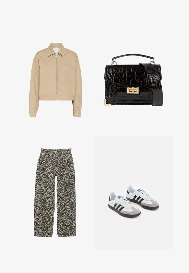 Beige cropped jakke med lynlås foran, spids krave og en enkelt påsyet lomme på venstre side. Lavet af glat stof.; Sort bomuldsstof med glat struktur og rund halsudskæring, prydet med et subtilt, jævnt kornmønster. Ingen synlige logoer eller accenter.; Breddebukser med leopardprint i en neutral beige og sort farveskala. Funktioner inkluderer høj talje, fem lommer og knaplukning.; Sportsko med en overdel i hvid læder, grå ruskind på tåen og tre sorte striber. Har et blåt logo på tungen og en struktureret gummisål.; Sort lakeret håndtaske med krokodillemønster, guldbeslag, en top-håndtag og en aftagelig skulderrem. Firkantet form med klaplukning.