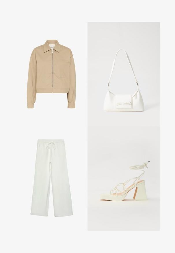 Beige, kurz geschnittene Jacke mit einem Frontreißverschluss, spitzem Kragen und einer aufgesetzten Tasche auf der linken Seite. Aus glattem Stoff gefertigt.; Weißes T-Shirt mit kurzen Ärmeln aus Baumwolle. Hat einen Rundhalsausschnitt und eine lockere Passform. Glatte Textur ohne sichtbare Muster oder Akzente.; Weiße, weit geschnittene Hose aus weichem Stoff. Mit einem elastischen Bund und einem Kordelzug sowie einer glatten Oberfläche. Keine sichtbaren Muster oder Hardware.; Weiße High-Heel-Sandale mit einem klobigen Absatz, die über ein Riemchendesign und ein Knöchelband verfügt. Glatte Textur mit einer Plattform vorne für zusätzliche Höhe.; Weiße synthetische Handtasche in dreieckiger Form, flache Vorderklappe und Schleifendetail, verstellbarer Trageriemen, glatte Textur und minimalistisches Design.