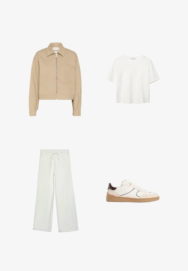 Beige cropped jakke med lynlås foran, spids krave og en enkelt påsyet lomme på venstre side. Lavet af glat stof.; Hvid kortærmet t-shirt lavet af bomuld. Har en rund halsudskæring og en afslappet pasform. Glat tekstur uden synlige mønstre eller detaljer.; Hvide bukser med bred ejer lavet af blødt stof. Har en elastisk talje med snor og en glat tekstur. Ingen synlige mønstre eller hardware.; Stradivarius Sneakers - white
