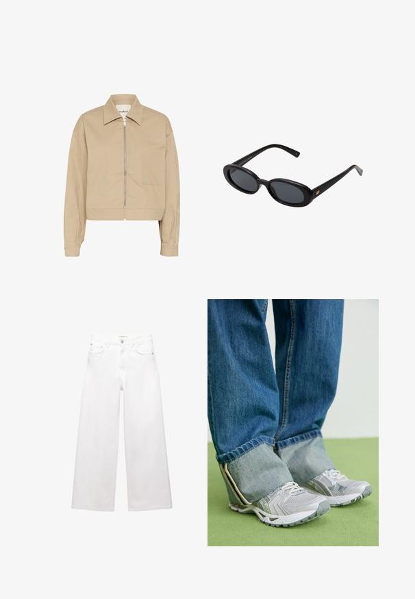 Beige cropped jacket with a front zipper, pointy collar, and a single patch pocket on the left side. Made of smooth fabric.; White short-sleeve t-shirt made of cotton. Features a crew neckline and a relaxed fit. Smooth texture with no visible patterns or accents.; White wide-leg jeans made of cotton, featuring a high waist, five-pocket design, and brass hardware accents. Smooth, non-distressed texture.; Gray athletic shoes with mesh material and white accents, paired with blue denim jeans that are cuffed at the ankles.; Black oversized sunglasses with oval lenses, smooth plastic frame, and gold accents on temple. Dark lenses provide sun protection.