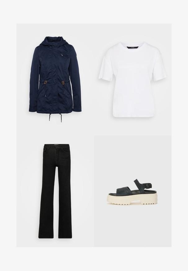 Στρατιωτικής μπλε εξωτερικό μπουφάν με φερμουάρ στην τσέπη του στήθους, κορδόνια στη μέση και δύο μπροστινές τσέπες. Φτιαγμένο από ελαφρύ ύφασμα.; Λευκό κοντομάνικο μπλουζάκι από βαμβάκι. Διαθέτει στρογγυλή λαιμόκοψη και άνετη εφαρμογή, με απλό σχέδιο και χωρίς ορατά μοτίβα ή διακοσμητικά στοιχεία.; Μαύρο φαρδύ τζιν φτιαγμένο από ντένιμ. Ο σχεδιασμός περιλαμβάνει δύο μπροστινές τσέπες και φερμουάρ, με ομαλή, ομοιόμορφη υφή και καθαρές γραμμές.; Μαύρα σουέτ παπούτσια πλατφόρμας με χοντρή λευκή σόλα, πλατιά μπροστινή λωρίδα και ρυθμιζόμενο κούμπωμα στον αστράγαλο. Με υφή στη σόλα για καλύτερη πρόσφυση.