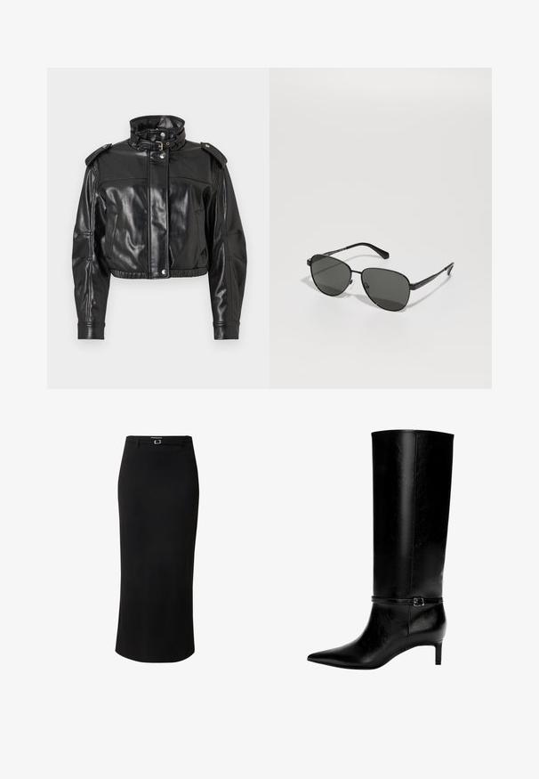 Schwarze ffake Leder cropped Jacke mit hohem Kragen, Druckknöpfen und Schulterpatten. Sie hat eine glatte, glänzende Textur und einen elastischen Bund.; Schwarzes oversized Sweatshirt mit Rundhalsausschnitt und langen Ärmeln, vor einem weißen Hintergrund präsentiert. Einfaches und lässiges Design.; Schwarzer Bleistiftrock aus glattem Stoff, mit einem mittellangen Design, Gürtelschlaufen und einem rechteckigen silberfarbenen Schnallendetail.; Schwarze Lederstiefel bis zum Knie mit spitzer Zehe und kleinem Absatz. Verfügt über einen schmalen Riemen mit einer metallischen Schnalle am Knöchel. Glatte Textur.; Schwarze Sonnenbrille mit Metallrahmen und grauen Gläsern, ovaler Form, dünnen Bügeln und verstellbaren Nasenpads. Minimalistisches Design.; Schwarze Lederhandtasche mit einzigartiger Fächerform, ausgestattet mit flachen Griffen. Die Oberfläche hat eine genoppte Textur und ein minimalistisches Design.