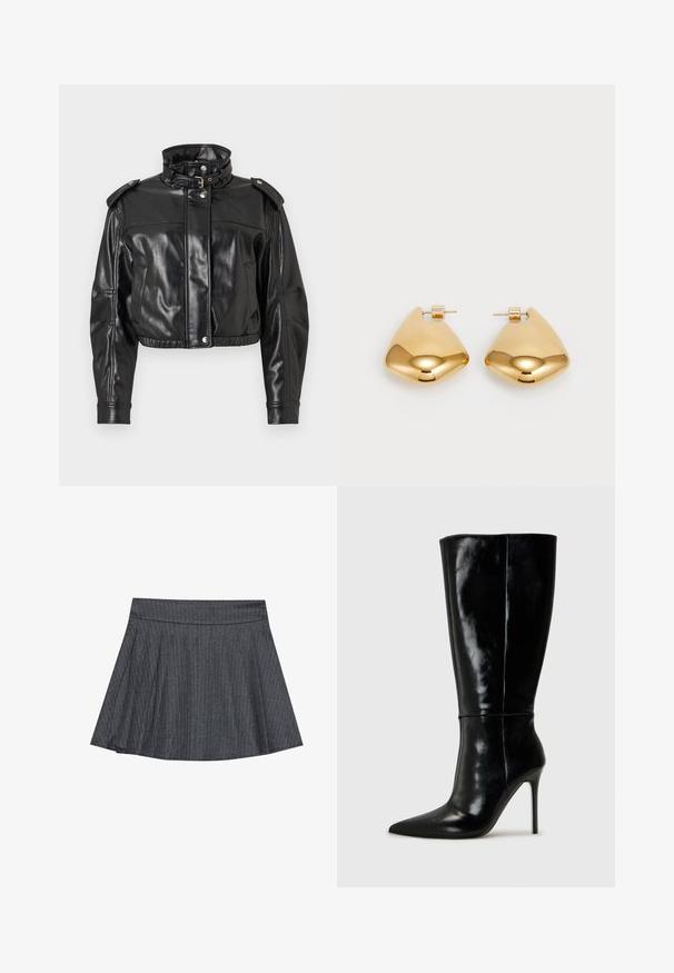 Melna mākslīgās ādas apgriezta jaka ar augstu apkakli, pogām ar spiedpogu un plecu epauletēm. Raksturīga gluda, spīdīga virsma un elastīga josta.; Sarkans īsām piedurknēm tops ar apvēršanas dizainu, kuram ir savilktu tekstūru sānos un gluda, mīksta auduma apdare.; Pelēka svītraina skrejceļa svārku kleita ar pieguļošu jostasvietu, izplūdušu A formu un mīkstu auduma faktūru. Vertikālās svītras piešķir vizuālu pievilcību.; Melnas ādas zābaki līdz ceļiem ar smailu purngali un augstu stiletto papēdi. Gluda tekstūra un elegants dizains, ar minimālu dekoru.; Zelta krāsas metāla auss gredzeni ar gludu, apaļu trīsstūra formu un āķa aizmuguri; atstarojoša virsma ar minimālu apdari.