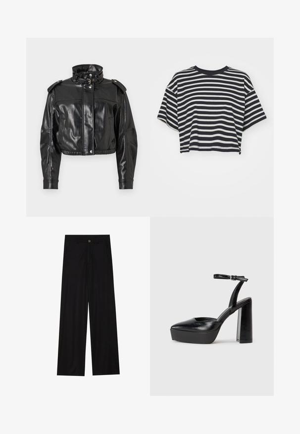 Giacca cropped in finta pelle nera con colletto alto, bottoni a scatto e spalline. Presenta una texture liscia e lucida e una vita elastica.; T-shirt cropped a righe in blu navy e bianco. Maniche corte, scollo rotondo, tessuto morbido con righe orizzontali e vestibilità rilassata.; Pantaloni neri a gamba larga realizzati in un tessuto liscio, dotati di tasche frontali e chiusura con bottone in vita. Design minimalista senza motivi.; Tacchi a piattaforma neri con punta appuntita e cinturino regolabile alla caviglia. Realizzati in pelle liscia, presentano un tacco a blocco spesso.