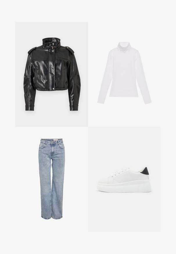 Sort faux læder cropped jakke med høj krave, trykknapper og skulderklapper. Har en glat, blank tekstur og elastisk talje.; Hvid langærmet turtle-neck top lavet af glat, strækbart stof. Har en høj krave og tætsiddende design, uden synlige mønstre eller udsmykninger.; Lyseblå vidde jeans lavet af denim, med høj talje, fem-lomme design og subtil falmning for et slidt look.; Hvide platform sneakers lavet af glat syntetisk materiale, med en afrundet tå, snørebåndsdesign og en struktureret gummisål. Sorte hæl akcent.