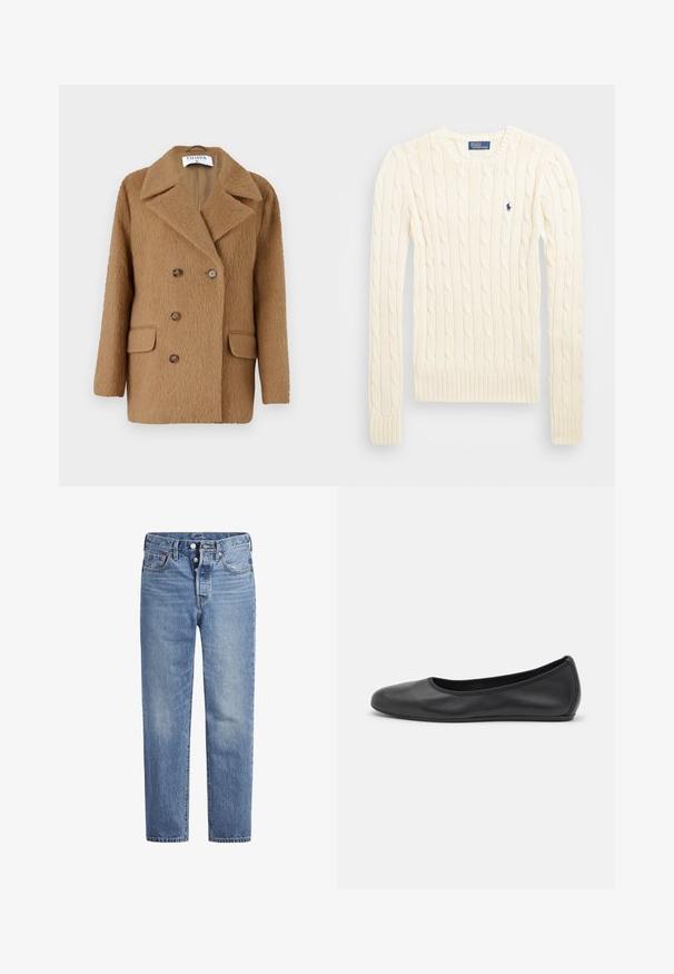 Brūns divrindas mētelis ar teksturētu vilnas līdzīgu materiālu, kuram ir divas priekšējās kabatas un apaļas brūnas pogas. Ar izgrieztu apkakli.; Krems krāsas adīts džempers ar garām piedurknēm, ribotām aprocēm un apakšmalu, ar nelielu izšūtu logotipu kreisajā krūtī.; Gaiši zila džinsu bikses ar taisnu griezumu, piecu kabatu dizainu un poga aizdari. Iespējamas nelielas izbalēšanas un apelsīnu diegu akcenti.; Melna ādas baleta kurpe ar noapaļotu purngalu, gludu tekstūru, minimālu šuvju detalizāciju un elastīgu zoles dizainu.