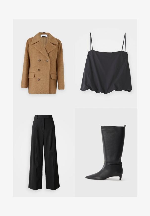 Pruun kahekordselt nööbitud mantel, millel on tekstuuriga villasarnane materjal, kaks esist pocketit ja ümmargused pruunid nööbid. Nurgelise kraega disain.; Mustavärviline ilma varrukateta topp, millel on õhukesed rihmad, laialdane lõige ja kokku kogutud ääre. Valmistatud kergest kangast, millel on sile tekstuur.; Mustad laiad püksid, mis on valmistatud siledast kangast, kõrge vöökoht ja millel on kaks esiõmblust ning kohandatud disain.; Must musta põlvik, terava ninaga, millel on ümber pahkluu ümar rihm ja madal, kergelt kitsenev konts. Sile tekstuur.