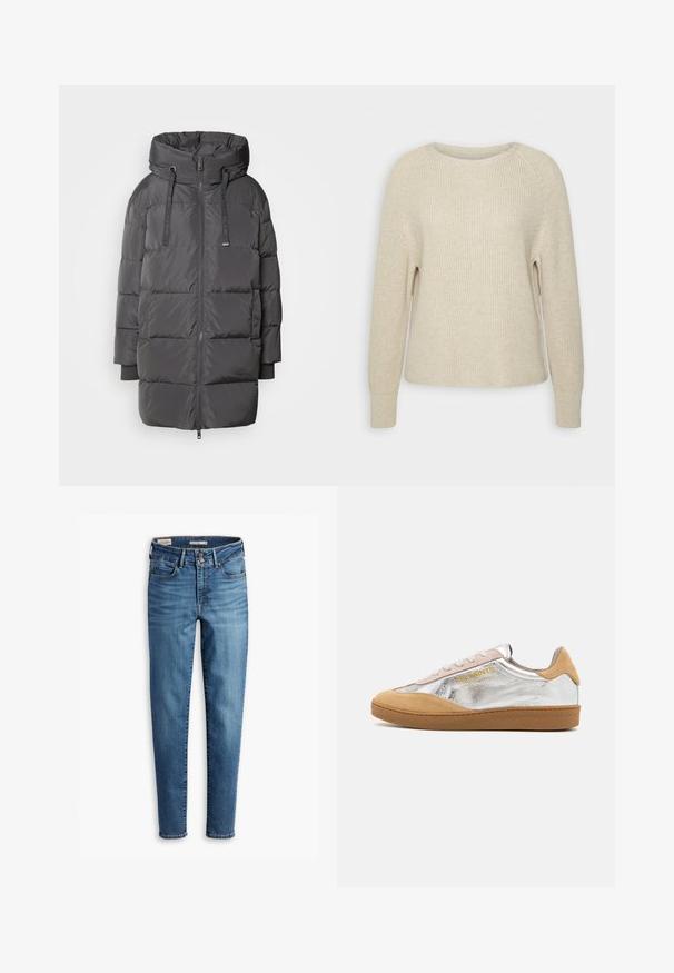 Mos Mosh AVON - Piumino - maget; Maglione a maglia di un delicato rosa con scollatura rotonda, maniche raglan e polsini a costine. La texture è morbida, con una vestibilità rilassata e dettagli minimi.; Jeans skinny a vita alta in denim azzurro chiaro. Presentano cinque tasche, chiusura con bottone frontale e un classico dettaglio di cucitura in tutta la superficie.; Sneaker in suede argento e beige con suola in gomma testurizzata, lacci beige e logo stampato in giallo sul lato.