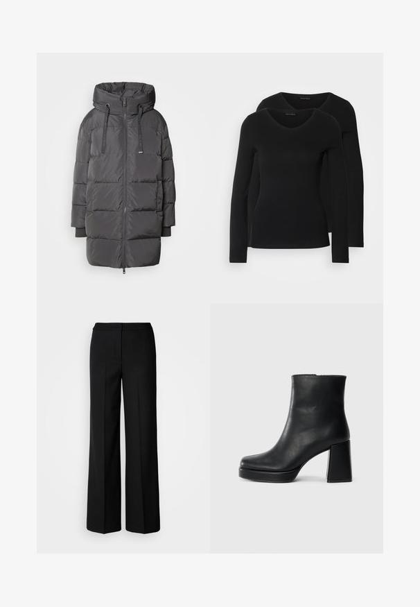Mos Mosh AVON - Dunjakker - maget; To sorte langærmede t-shirts med V-hals-design, lavet af blødt, strækbart stof, som viser en glat tekstur og en tætsiddende pasform.; Sorte brede bukser i glat stof, med høj talje, skræddersyede sømme og et minimalistisk design. Ingen synlig hardware eller lommer.; Sort læder ankelstøvle med blokhæl og platformssål, set fra siden på en ensfarvet hvid baggrund.