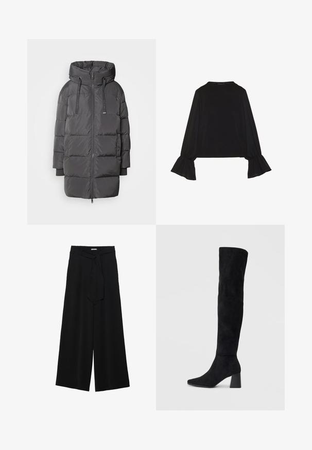 Mos Mosh AVON - Tollkabát - maget; Fekete, hosszú ujjú felső, harang alakú mandzsettákkal, puha textúrával és laza szabással, egyszerű, kerek nyakkivágással.; Fekete, bő szárú nadrág, texturált anyagból, rugalmas derékpánttal és levehető sállal a derekán, amely állítható illeszkedést biztosít.; Fekete nubuk térd fölé érő csizma, tömbsarokkal, hegyes orral és sima, varrat nélküli dizájnnal, világos háttérrel.