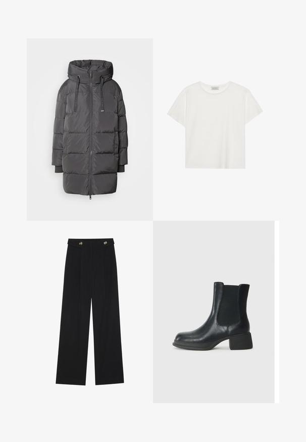 Mos Mosh AVON - Dunjakke - maget; Hvit T-skjorte med kort erm laget av myk bomull. Har rund hals og avslappet passform. Rent design uten synlige mønstre eller aksenter.; Svart vide bukser med høy midje, knappdetaljer på midjebåndet og frontplisser.; Sorte skinn ankle boots med elastiske sidepaneler, rund tå og en lav blokk hæl. Overflaten har en jevn tekstur og minimal detaljering.