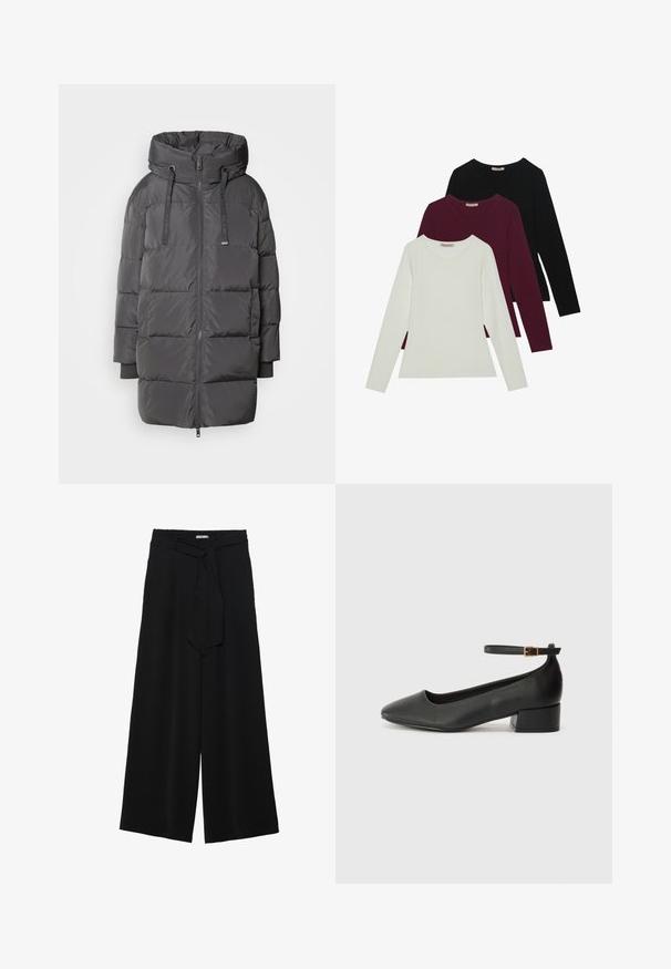 Mos Mosh AVON - Gewatteerde jas - maget; Langsleeve t-shirts in het wit, bordeauxrood en zwart. Gemaakt van zachte stof met een ronde halslijn en een aansluitend ontwerp. Geschikt voor lagen.; Zwarte wijde broek van textuurstof, met een elastische tailleband en een afneembare sjaalstrik in de taille voor een verstelbare pasvorm.; Zwarte leren pump met een spitse neus en een lage blokhak. Beschikt over een enkelband met een goudkleurige gespsluiting. Gladde textuur.