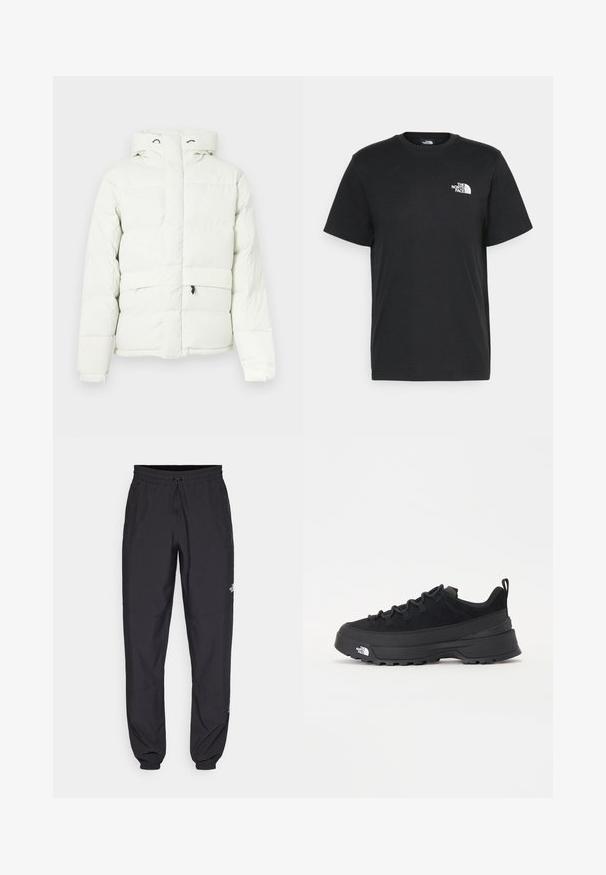 Balts pūkains jaku ar kapuci, ar rāvējslēdzēja aizdari, quilted dizainu, divām priekšējām kabatām un diskrētu zīmolu uz krūtīm.; Melna kokvilnas T-krekls ar īsām piedurknēm, apaļu kakla izgriezumu un mazu balto logotipu kreisajā krūtīs. Vienkāršs dizains, gluda tekstūra un brīvs piegriezums.; Melni sporta bikses, kas izgatavotas no viegla auduma, ar savelcamu jostu, sānu kabatām un sašaurinātiem apakšējiem galiem pie potītēm.; Melni āra sporta apavi ar zamšādas virsu, teksturētu gumijas zoli un izturīgu auklu sistēmu. Iezīmēts ar pastiprinātu papēdi un zīmola logo sānu daļā.