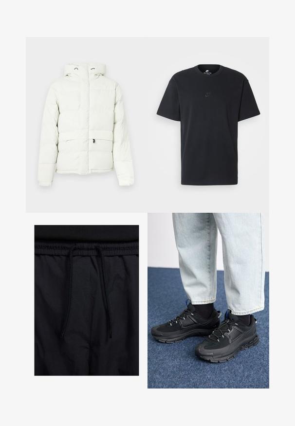 Casaco puffer branco com capuz, apresentando fecho de correr, design acolchoado, dois bolsos frontais e uma marca discreta no peito.; T-shirt de algodão preto da Nike com um clássico decote redondo, mangas curtas e um logótipo em relevo discreto no peito. Textura suave.; Calções pretos com um cós elástico ajustável, fabricados em tecido leve com uma textura suave e um design simples, sem logótipos ou padrões visíveis.; Sapatilhas desportivas pretas com tecido texturizado e solas em borracha, apresentando atacadores elásticos e um detalhe azul no calcanhar. Usadas com calças de ganga claras.