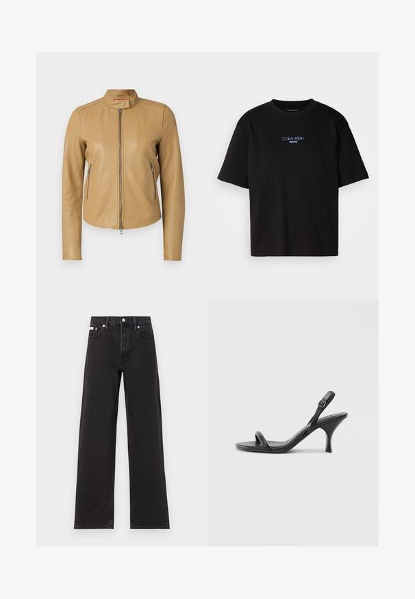 Tan leren jas met een staande kraag, voorkantrits en twee zijzakken met rits. Glad textuur met een getailleerde pasvorm en afgeronde zoom.; Zwart katoenen T-shirt met ronde hals, korte mouwen en blauw geborduurd "Calvin Klein JEANS" logo op de voorkant.; Zwarte wijde spijkerbroeken van denim, met een hoge taille, vijf-pocket stijl en een metalen knoopsluiting met contrasterende stiksels.; Zwarte leren sandalen met hoge hakken, een slanke, gebogen hak en een gekruist bandontwerp. Verstelbare enkelband. Soepele textuur.