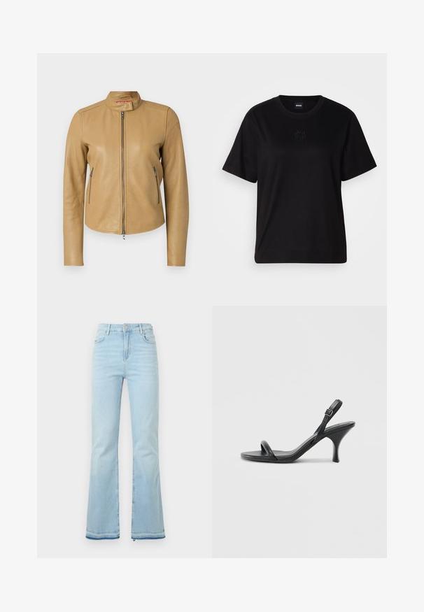 Ruda odos striukė su pakeliamu apykakle, priekiniais užtrauktukais ir dviem šoninėmis atsegamomis kišenėmis. Lygus paviršius su pritaikyta forma ir suapvalintu apvadu.; Juodas medvilninis marškinėliai su apvalia iškirpte, trumpomis rankovėmis ir siuvinėjimu ant krūtinės. Paprastas, laisvas siluetas be raštų.; Šviesiai mėlyni, platėjantys džinsai pagaminti iš denimo, su aukštu juosmeniu, priekinėmis kišenėmis ir nelygiais apačiais, suteikiančiais kasdišką išvaizdą.; Juodos odinės aukštakulnės šlepetės su plonu, kreiviu kulnu ir kryžminiu dirželio dizainu. Reguliuojamas kulkšnies dirželis. Lygus paviršius.