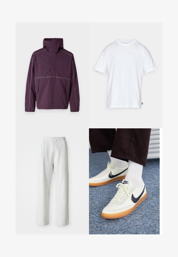 Dickies GLACIER VIEW ANORAK - Light jacket - plum perfect; White cotton t-shirt with short sleeves and a round neck. Features a small, subtle Nike logo on the chest and a side label.; White casual pants with an elastic waistband and large front patch pockets, displayed on a plain light background.; Nike sneakers in white leather with a navy swoosh, featuring a gum rubber sole and white laces, paired with white crew socks and dark corduroy pants.