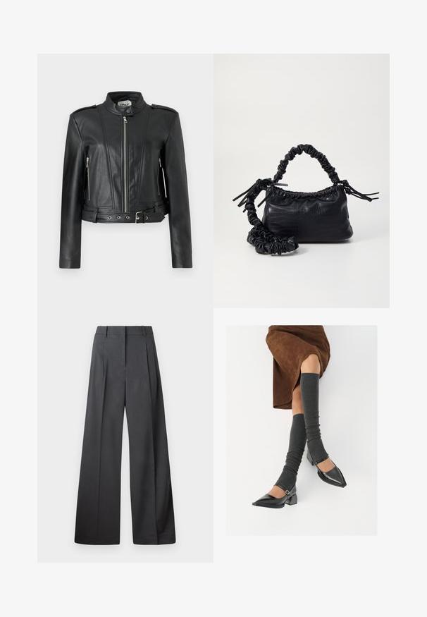 Svart skinnjakke med en kort design, med glidelås foran, sidelommer med glidelås, skulderlapper og belte i midjen.; Hvit skjorte med knapper laget av glatt bomull, med klassisk krage, lange ermer og buet skjær. Knapper er små og hvite.; Vide bukser i mørkegrått stoff med høy livlinje, enkel press, og en glatt tekstur med en ren finish på ermekantene.; Sorte lakkpumps med spiss tå, blokkhel, og ankelstropp, kombinert med grå ribbestrikkede beinvarmere og et brunt semsket skinn skjørt.; Svart faux skinn-håndveske med krokodilletekstur, strammet topp og en rynket stropp. Ser myk og kompakt ut i designen.